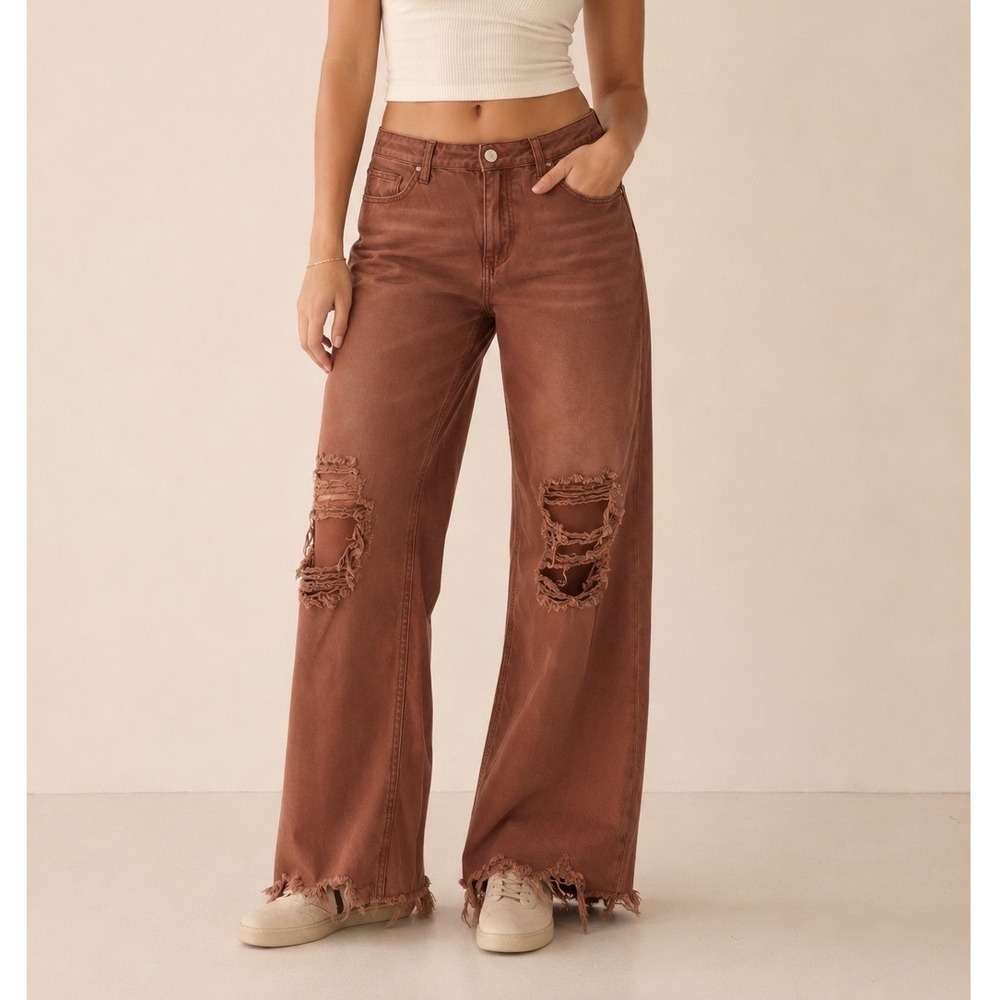 Vervet Wide Leg Distressed Jeans Rust Brown High Rise Raw Hem Skater Boho 30 qq